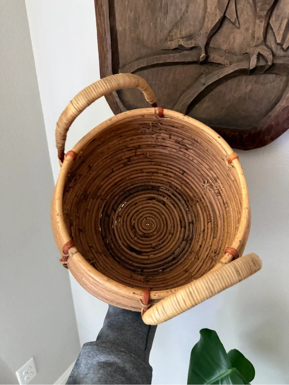 Vintage Rattan Coil Basket Double Handle Boho